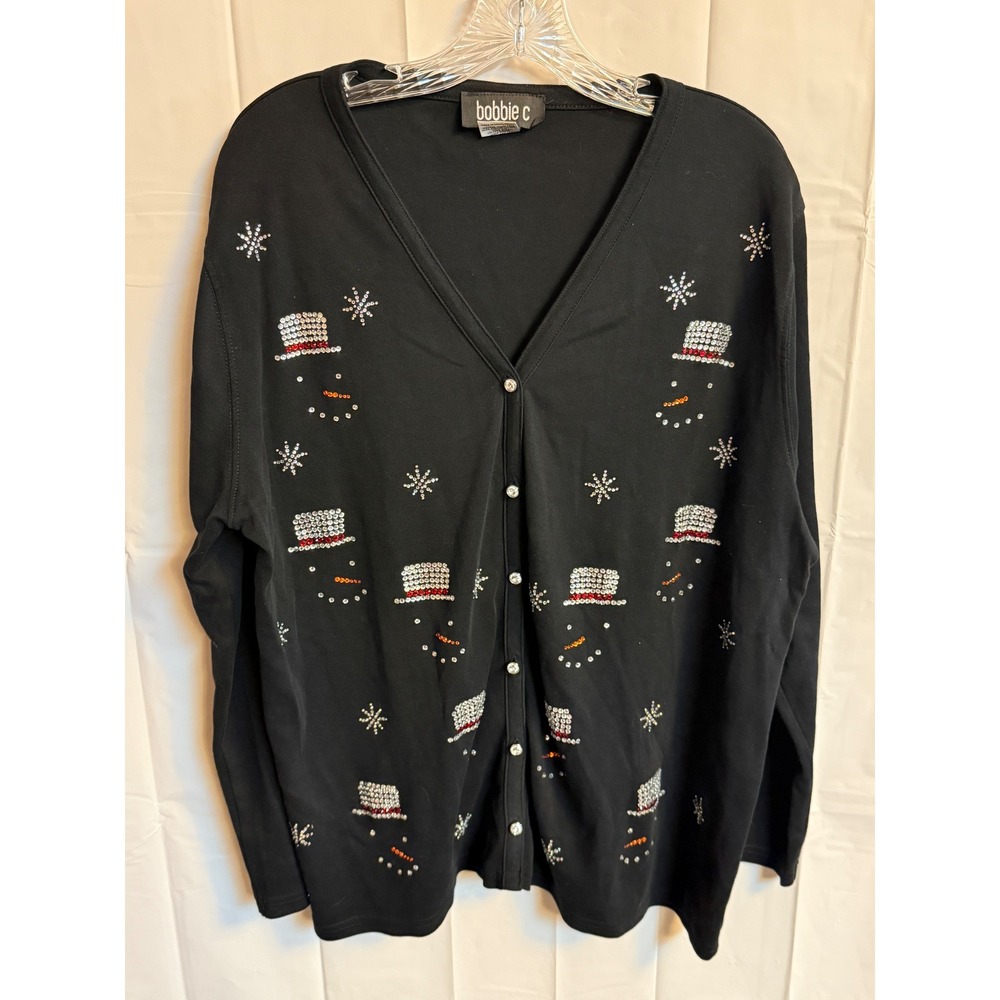 Bobbie C Embellished Holiday Cardigan Snowman Sequin‎ Black 1X Bling Plus Size